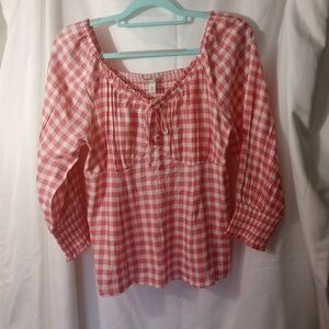 Cato Babydoll Top Pink Checked Peplum 3/4 Sleeve Medium Boho Milkmaid 90's Y2K
